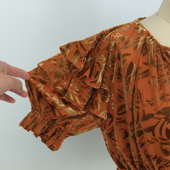 00263 Free People Floral Velvet Cropped Blouse Top Orange size XSmall bohemian - Picture 3 of 6